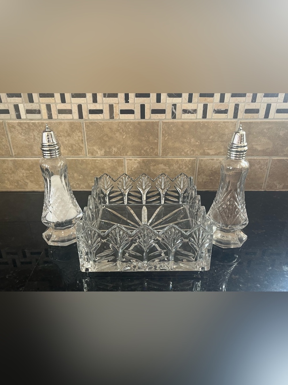 Godinger Clear Cut Glass Salt & Pepper Shakers with Matching Glass napkin Server